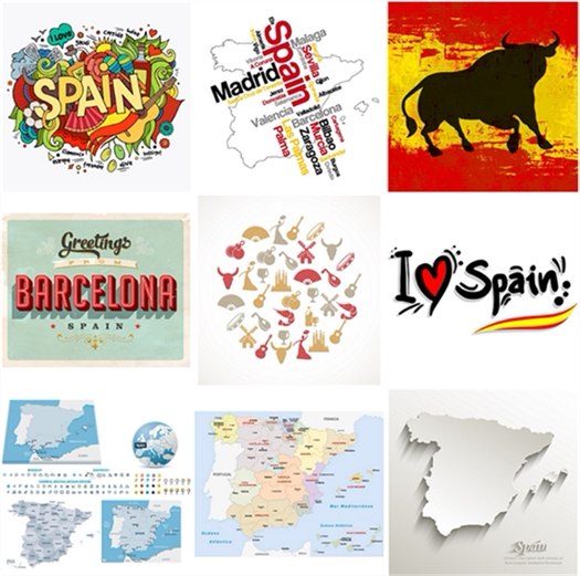扁平西班牙元素地图国旗标志民间民俗图案 eps矢量设计素材 25p
