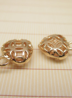 DIY饰品配件 24K包金色镂空铜钱花纹桃心小挂件 项链手链配件