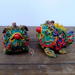 年年有鱼雕塑瓷 七彩交趾陶五彩富贵鱼摆件 客厅书房店面礼品