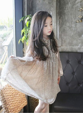 韩版荷叶边杏色春秋女童裙子碎花