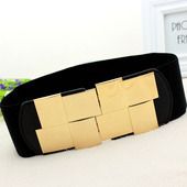 弹力带 饰皮带女修身 韩版 女士松紧腰封宽腰带金色方形对扣连衣裙装