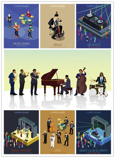 A2607矢量扁平化立体风格音乐乐队演奏演唱会图案 AI设计素材