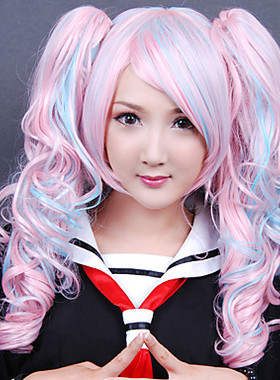 洛丽塔卷曲马尾辫70厘米甜蜜的粉色和蓝色混合颜色