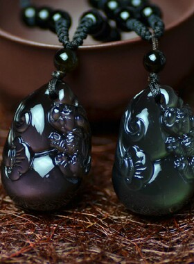 天然冰种黑曜石貔貅彩虹眼吊坠