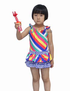 号手儿童女童泳衣 斜条纹花边时尚韩版吊带女生游泳衣6147102