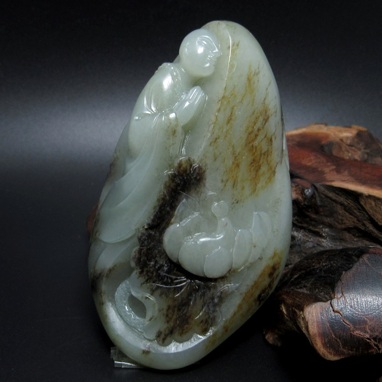 精品 新疆和田玉秋梨皮籽料独籽苏工悟道花开见佛手把件送证书