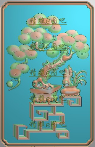 精雕图浮雕图灰度图浮雕图精品博古花瓶松树背板花盆门板175x270