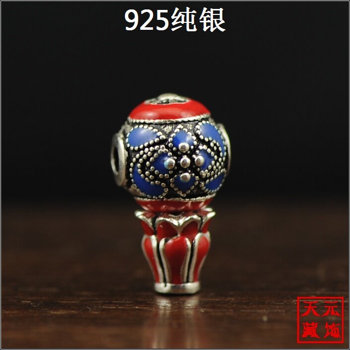 461【925纯银】纯银雕花景泰蓝佛头三通 佛珠星月菩提DIY配饰配件