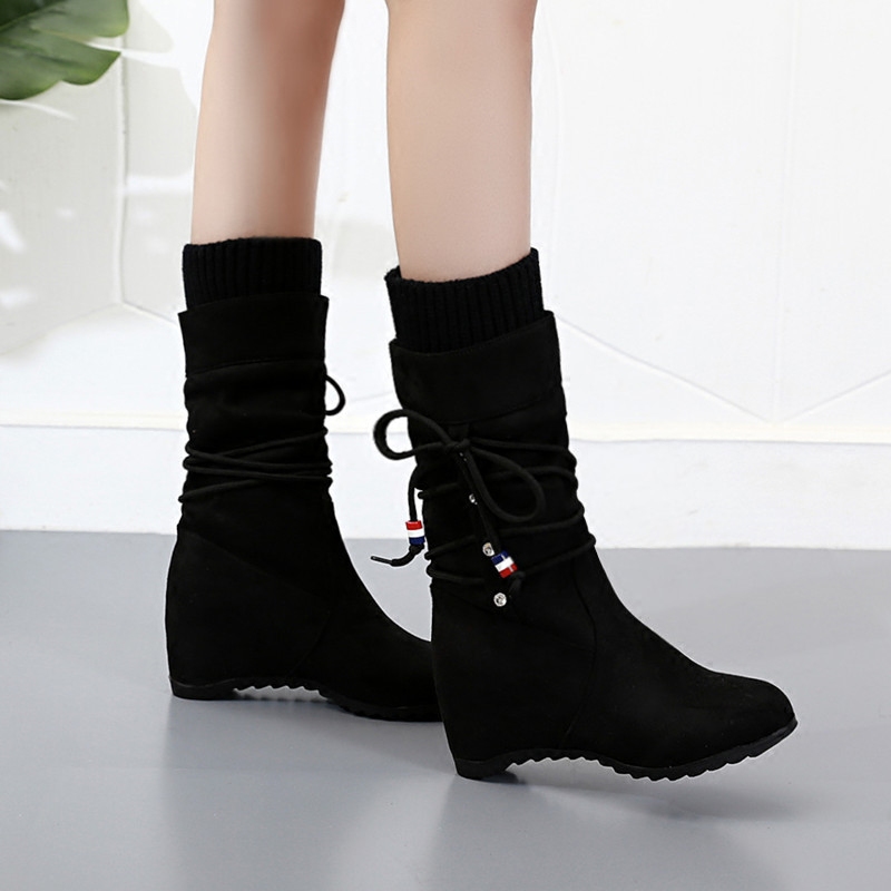 2024 NEW KOREAN VERSION INNER HIGH SCHOOL BOOTS FOR WOMEN WINTER MID-HEEL SLEEVE MARTIN POE HEEL BOOTS PLUS SIZE WOMENS SHOES