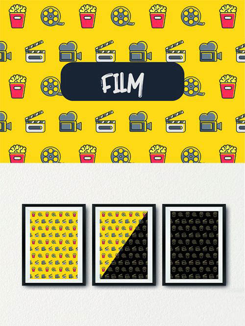 A2729矢量扁平化电影图标ICON爆米花四方连续纹样 AI设计素材