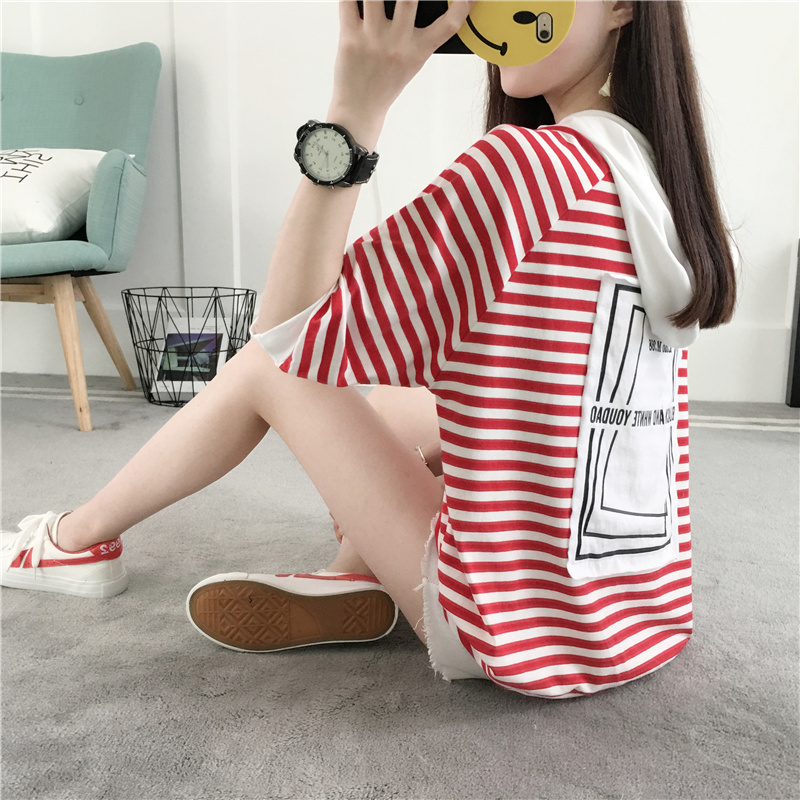 夏季薄款条纹连帽衫卫衣女装宽松韩版半袖t恤百搭学生短袖上衣潮|ruв категории Женская одежда, свитер/свитер - от Buy2taobao.com для оказания профессиональной услуги покупки агента Taobao