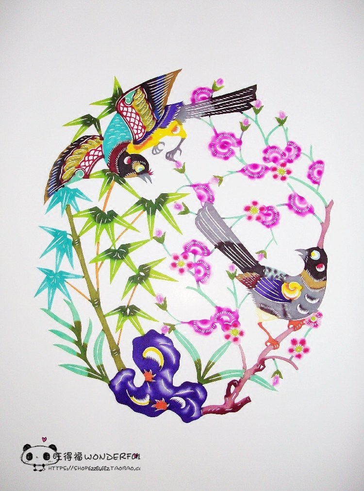 大喜鹊登梅 彩色 蔚县剪纸 手工刻 宣纸染色 出国礼品 新年窗花