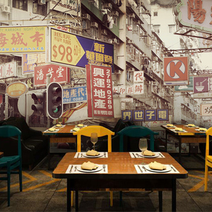 复古香港特色餐厅奶茶店咖啡馆壁纸墙纸港式广告路牌街景大型壁画