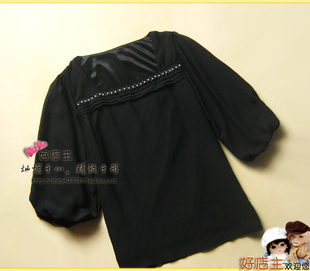 日单,前面有珍珠花~软软滑滑衬里,黑色,七分袖雪纺衬衫-M号#av302