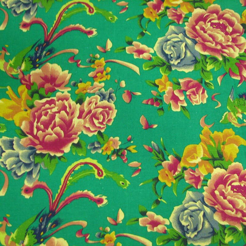 绿底怀旧东北大花布亚麻面料/舒适透气棉麻布料/服装家居diy半米