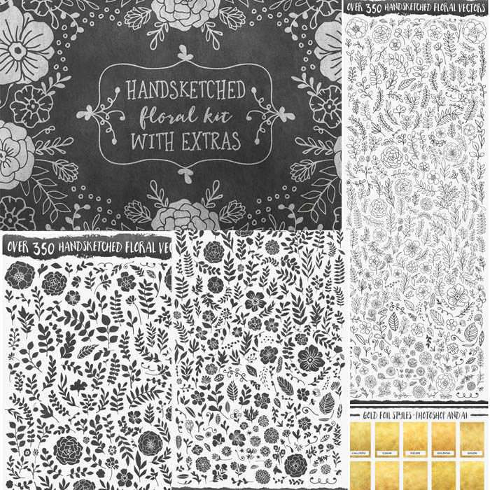 A2475矢量350手绘简笔画风格花纹金色纹理样式PS插件 AI设计素材