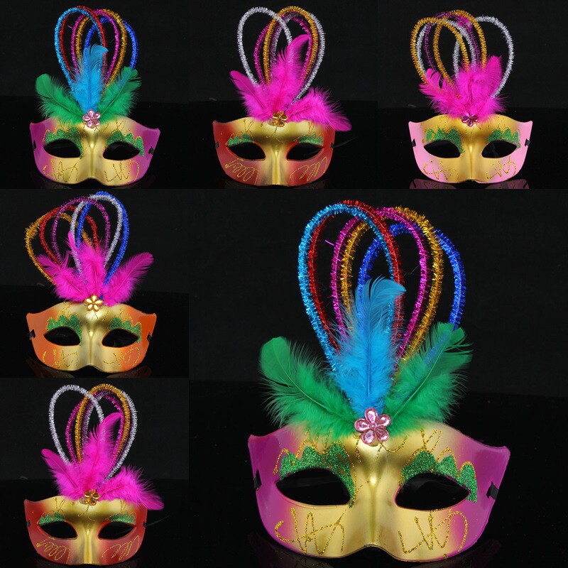 圣诞节装扮彩绘羽毛面具生日舞会面具威尼斯彩条皇冠面具多款颜色