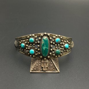 FRED HARVEY 1950s美国Indian印第安纳瓦霍绿松石925纯银手镯手环