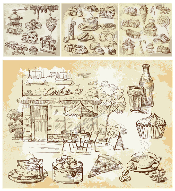 A1939矢量复古风格甜品蛋糕披萨咖啡食物手绘线稿图 AI设计素材