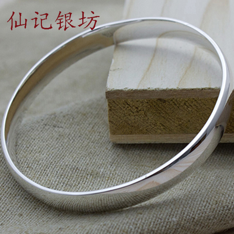 正品 银手镯999纯银 女光面百搭 圆条实心闭口银饰银镯子 扁圈