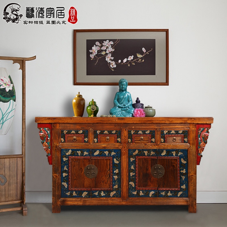 新中式仿古典彩绘雕花老榆木板餐边柜储物柜门厅玄关柜热销现货