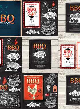 A3152矢量欧美复古BBQ烧烤插画海报菜单传汉堡猪牛鸡 AI设计素材