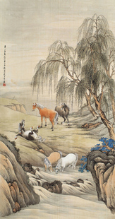 艺术微喷 房毅 辛巳 五马图 30x56厘米