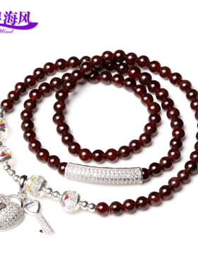 千寻海风饰品 爱情心锁石榴石手链 S925银微镶银饰手串 原创时尚