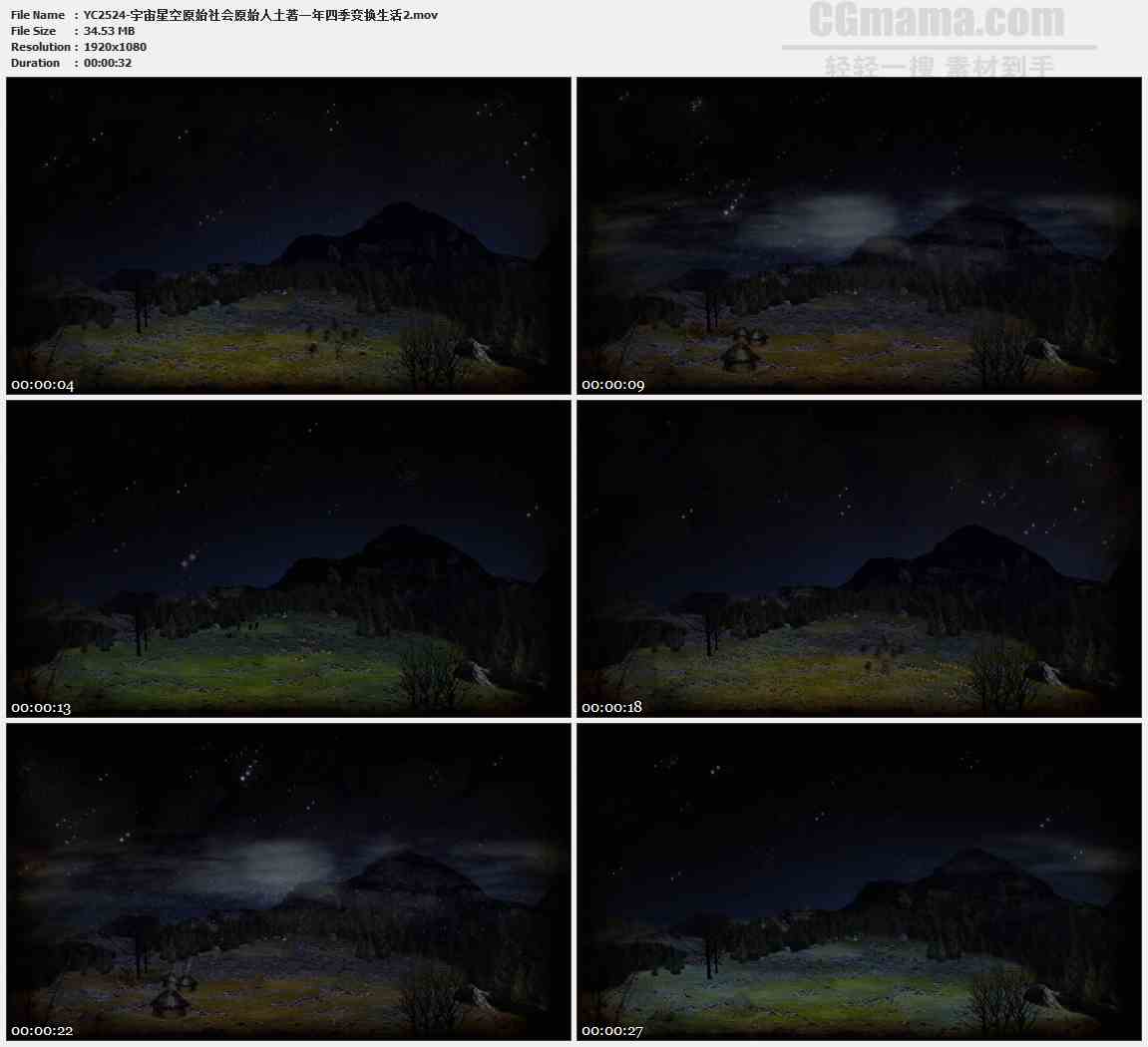 宇宙星空原始社会原始人土著一年四季变换生活高清视频素材