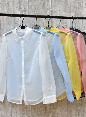 100元3件！春夏新款透明欧根纱暗扣长袖修身女装防晒衬衫