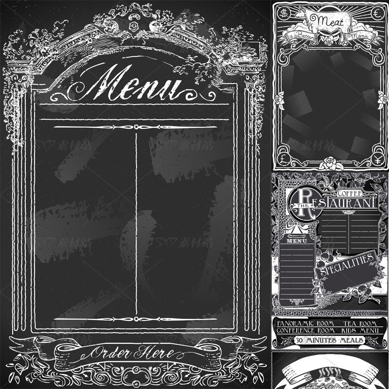 黑白黑板菜单花纹装饰条纹动物鸡标志图案矢量图设计素材 24eps