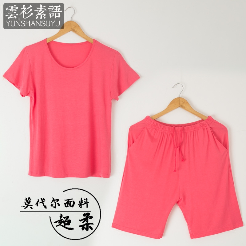 夏季睡衣女夏莫代尔五分裤圆领睡衣短袖短裤加大码女款家居服套装