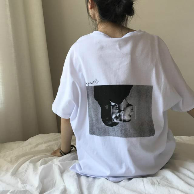 2018新款韩版女装夏季简约原宿风BF宽松复古人物纯色短袖T恤女潮