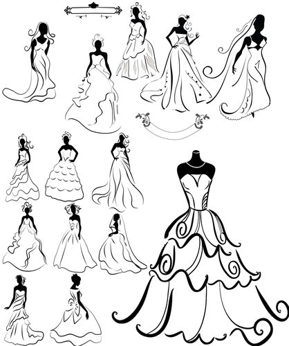 线描婚纱礼服模特手绘线稿新娘婚礼婚庆海报效果图矢量图素材A855