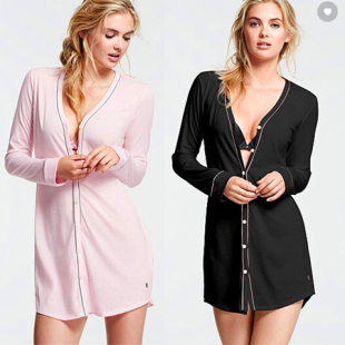 衣大牌黑色全纯棉睡女式2023春秋新款纯色VS领长袖开衫短睡裙包邮