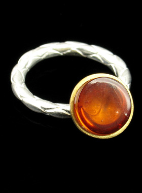 保真镀金镶天然波兰琥珀拉丝银