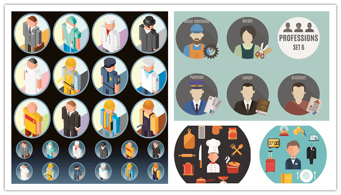 A0773矢量扁平化人物职业分工商务蓝领厨师售货员 AI设计素材