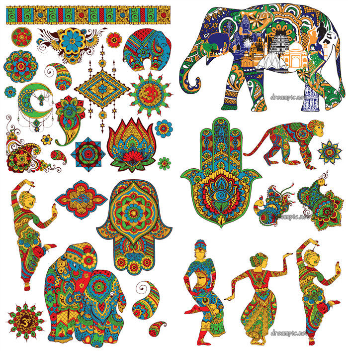 [504]印度民族风纹饰花纹大象舞女动物符号插画 ai矢量设计素材