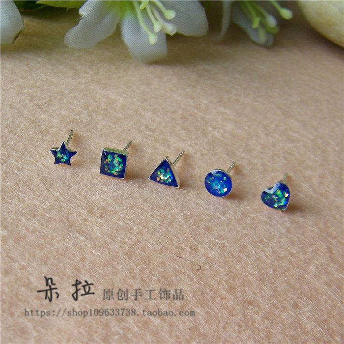 925纯银耳钉 迷你美丽清新 糖果色彩绘星星小耳钉 韩国银饰品