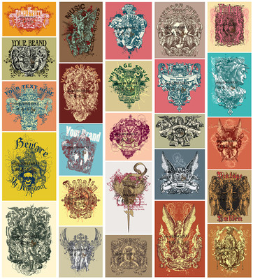 矢量设计素材 25张欧洲复古版画纹章特哥天使纹身T恤海报模板 EPS