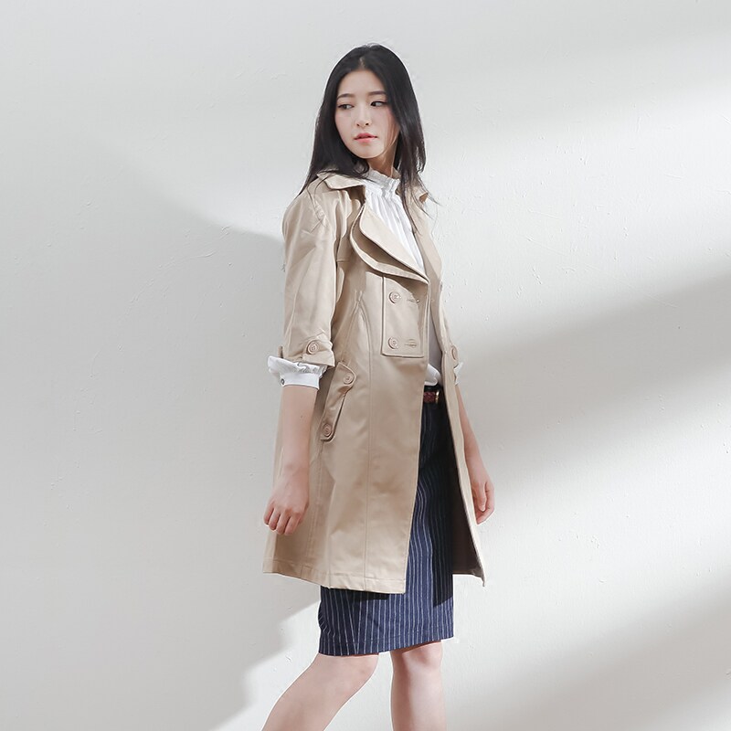 一衣江南2022春季新款双层领加厚五分袖风衣双排扣中长款大衣K236