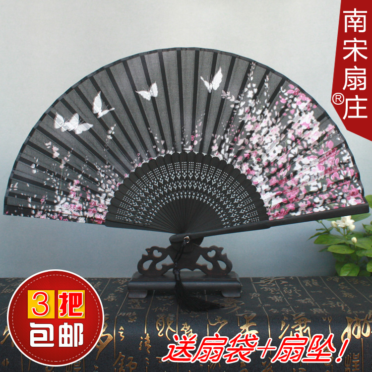 包邮款 真丝女扇绢扇 日式和风蝴蝶樱花扇子中国风工艺扇古典折扇