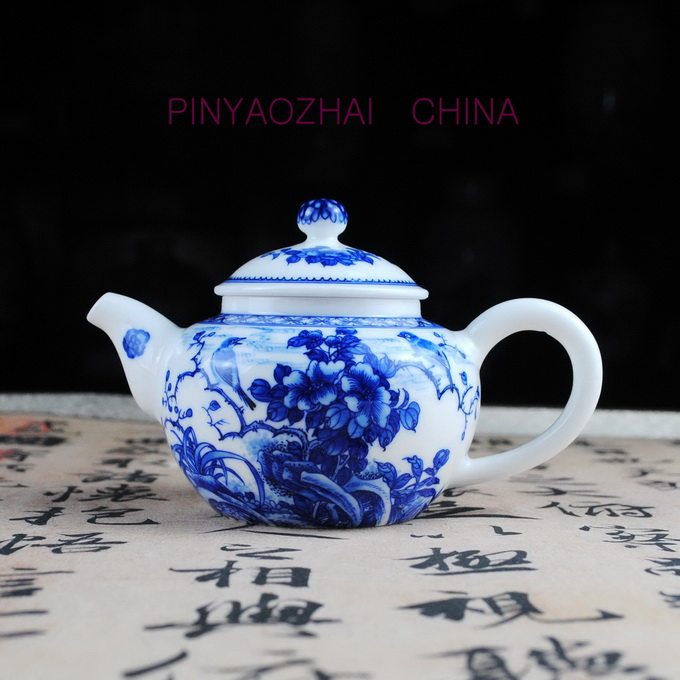 品窑雅玉 重工青花花鸟诗句纹茶壶茶具茶器 非小雅手工手绘茶具