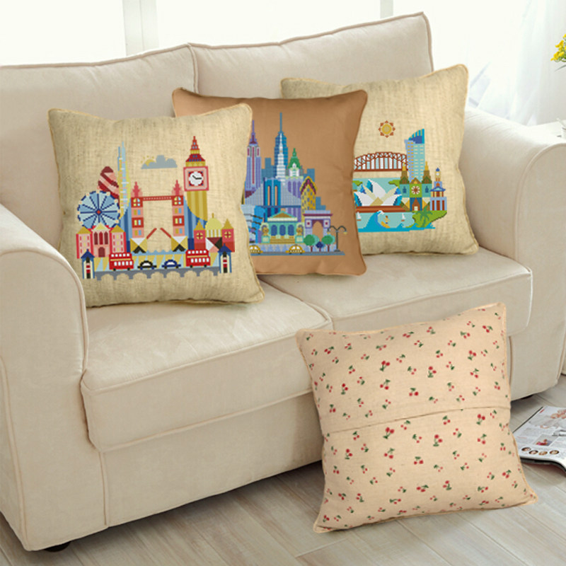 精准印花 DMC十字绣套件 客厅 抱枕靠垫 亚麻抱枕 城市系列 10选1