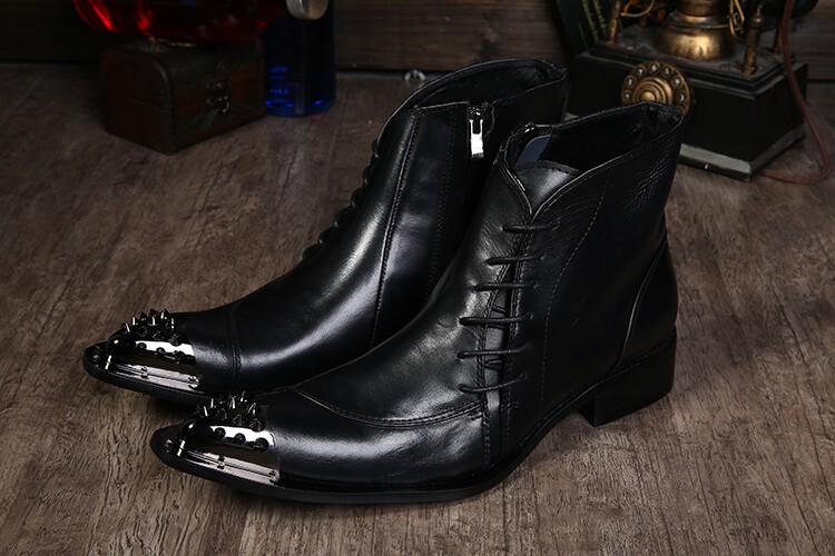 铁头牛皮尖头皮靴韩版潮流个性男靴子英伦靴时尚短筒靴T台走秀靴