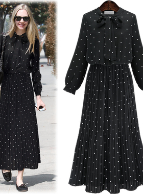 6724欧洲站 大码女装波点印花长袖连衣裙 波西米亚压褶长裙