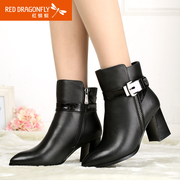 Red Dragonfly new genuine leather women shoes winter fashion trend of the Korean high chunky heels women's short boots