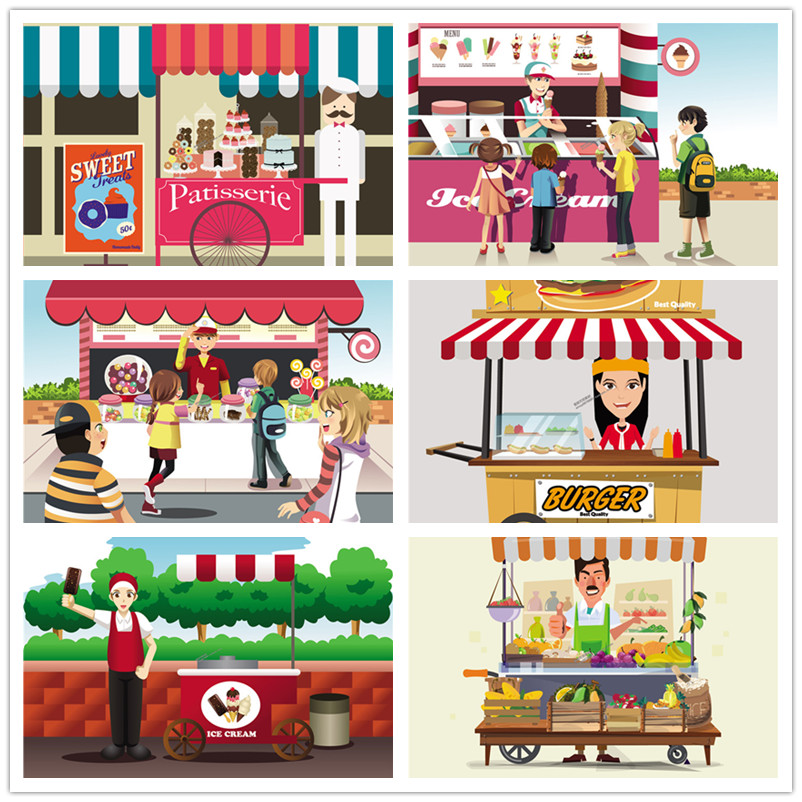 A0532矢量扁平化街头小贩人物商务小吃雪糕水果热狗 AI设计素材