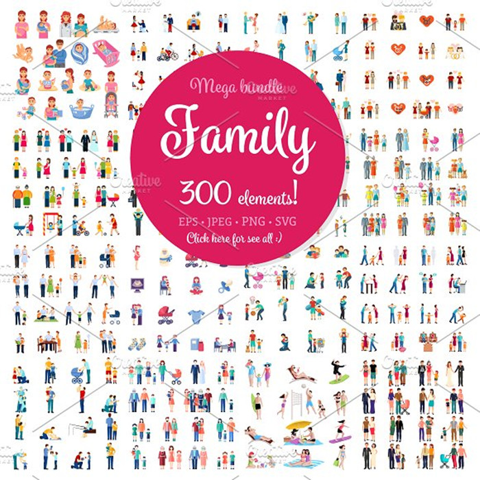 [477]300个扁平化家庭生活父母孩子人物图标icons AI矢量设计素材