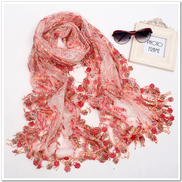 2025新款圣雅诗蒂春夏围巾韩国女蕾丝绣花丝巾旅行披肩长款纱巾